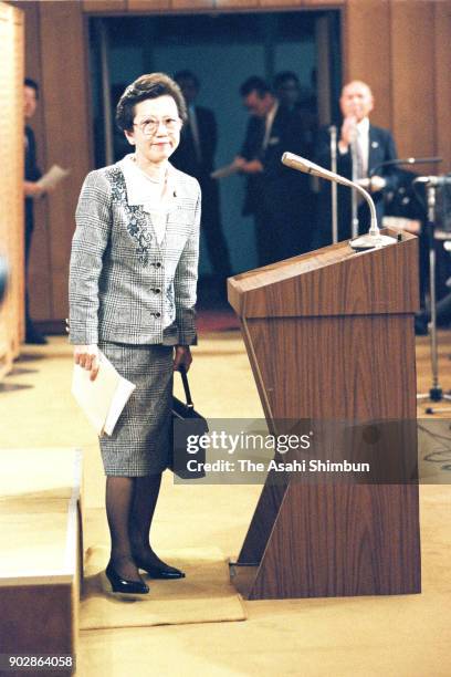 New Education Minister Mayumi Moriyama attends a press conference at the prime minister's official residence on December 11, 1992 in Tokyo, Japan.