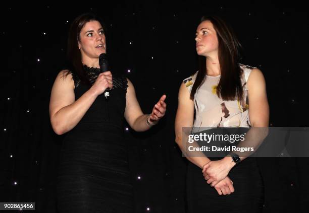 Sarah Hunter, captain of England women's rugby team with team mate Emily Scarratt talk to the audience during the Rugby Union Writers' Club Annual...