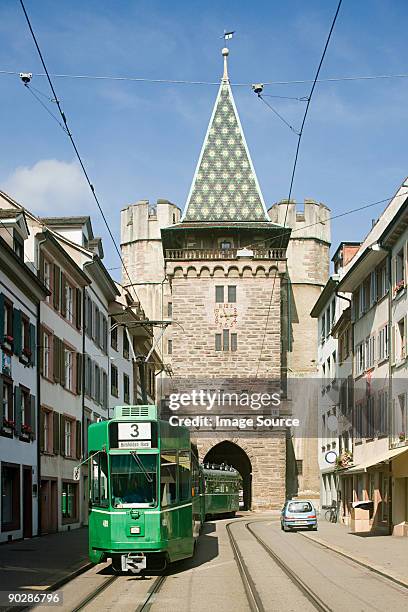 a tram in spalentor in switzerland - basel stockfoto's en -beelden