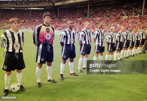 Newcastle United line up before the 1996 FA Charity Shield against Manchester United at Wembley Stadium on August 12 from left to right, captain...