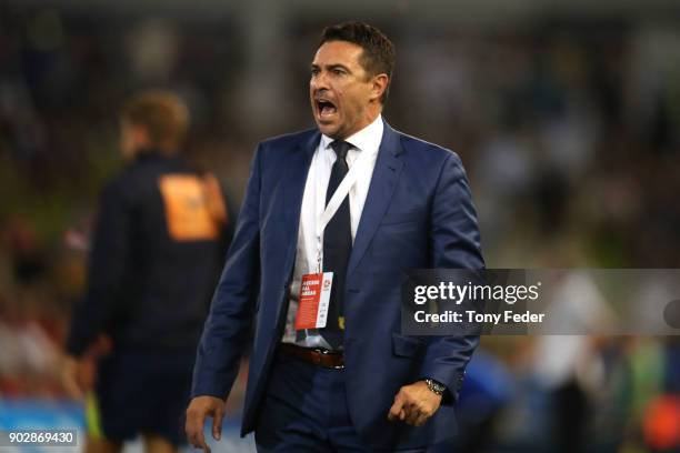 Paul Okon of the Mariners during the round 15 A-League match between the Newcastle Jets and the Central Coast Mariners at McDonald Jones Stadium on...