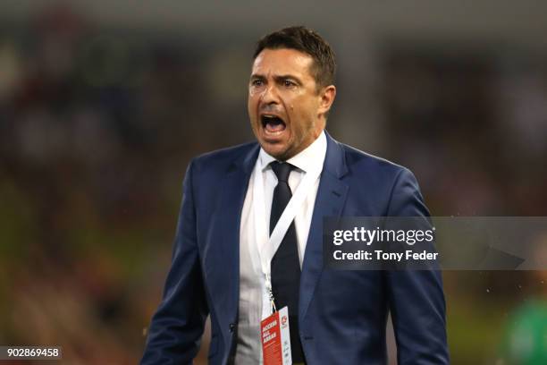 Paul Okon of the Mariners during the round 15 A-League match between the Newcastle Jets and the Central Coast Mariners at McDonald Jones Stadium on...