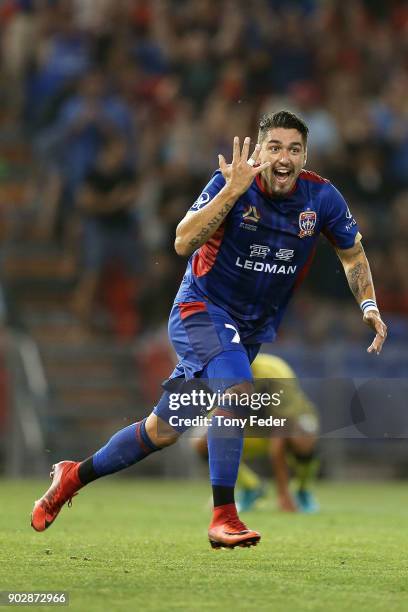 Dimitri Petratos of the Jets celebrates a goal during the round 15 A-League match between the Newcastle Jets and the Central Coast Mariners at...