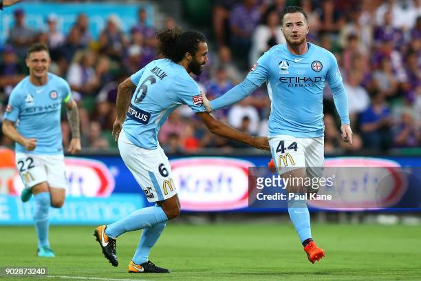 Ross McCormack of Melbourne celebrates a goal during the round 15 A-League match between the Perth Glory and Melbourne City FC at nib Stadium on...