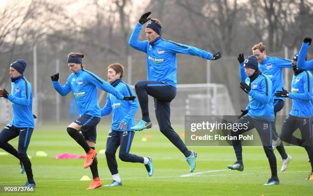 Per Skjelbred, Valentin Stocker, Genki Haraguchi, Sebastian Langkamp, Mitchell Weiser, Julian Schieber and Salomon Kalou of Hertha BSC during the...