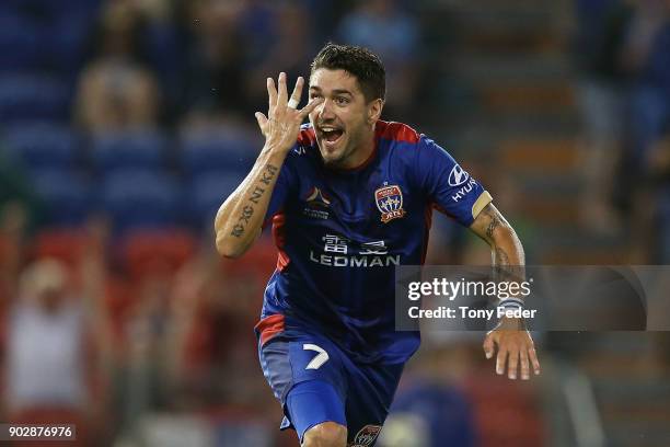 Dimitri Petratos of the Jets celebrates a goal during the round 15 A-League match between the Newcastle Jets and the Central Coast Mariners at...