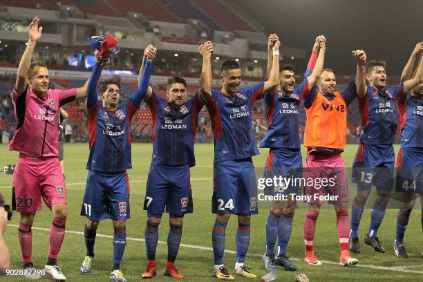 Patricio Rodriguez of the Jets celebrates with team mates during the round 15 A-League match between the Newcastle Jets and the Central Coast...