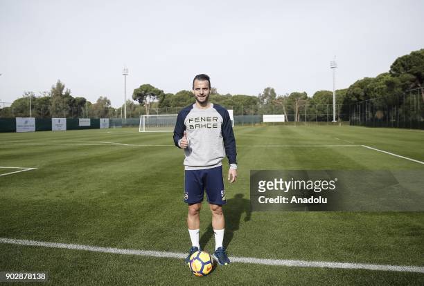 Roberto Soldado of Fenerbahce poses at a press conference during the team's mid-season training camp in Antalya, Turkey on January 9, 2018.