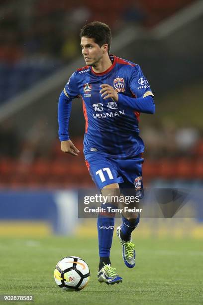 Patricio Rodriguez of the Jets controls the ball during the round 15 A-League match between the Newcastle Jets and the Central Coast Mariners at...