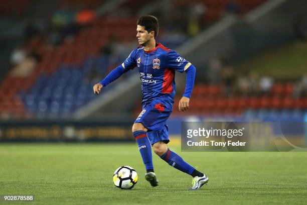 Patricio Rodriguez of the Jets controls the ball during the round 15 A-League match between the Newcastle Jets and the Central Coast Mariners at...