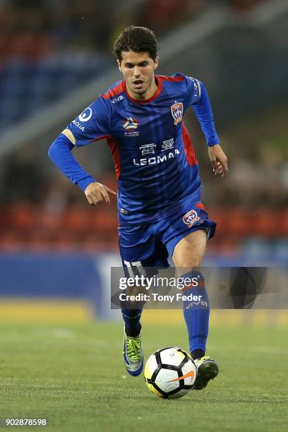 Patricio Rodriguez of the Jets controls the ball during the round 15 A-League match between the Newcastle Jets and the Central Coast Mariners at...