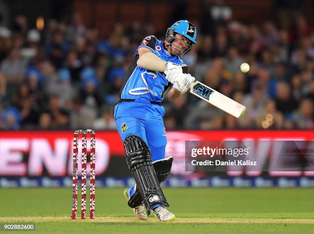 Travis Head of the Adelaide Strikers bats during the Big Bash League match between the Adelaide Strikers and the Melbourne Stars at Adelaide Oval on...