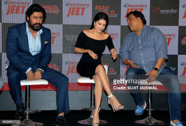 Indian television actor Mohit Raina , Bollywood actress Sunny Leone and Indian television and film actor Ram Kapoor address the press conference of...