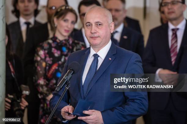 Newly-appointed Polish Minister of Interior and Administration, Joachim Brudzinski speaks on January 9, 2018 during a ceremony with Polish president...