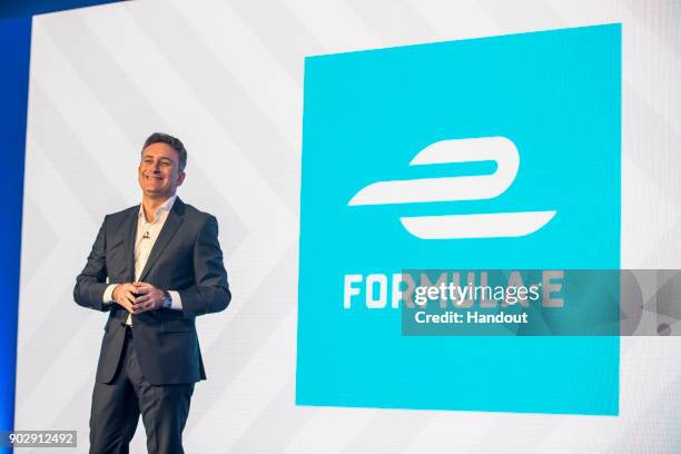 In this handout from FIA Formula E - Alejandro Agag, Founder & CEO of Formula E announces the first-ever title sponsorship of the electric street...
