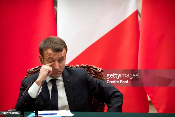 French President Emmanuel Macron during a joint press briefing with Chinese President Xi Jinping at the Great Hall of the People on January 9, 2018...