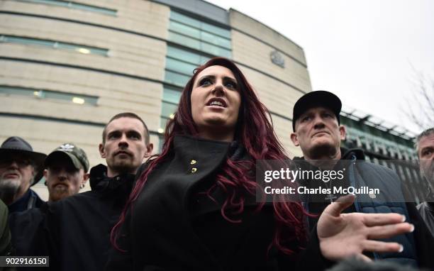 Britain First deputy leader Jayda Fransen addresses the media outside Belfast Laganside Magistrates court on January 9, 2018 in Belfast, Northern...