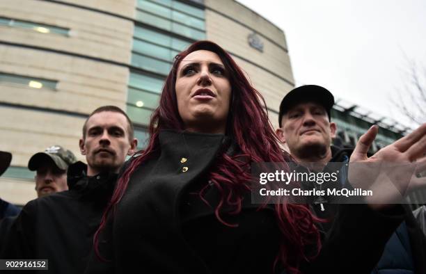 Britain First deputy leader Jayda Fransen addresses the media outside Belfast Laganside Magistrates court on January 9, 2018 in Belfast, Northern...