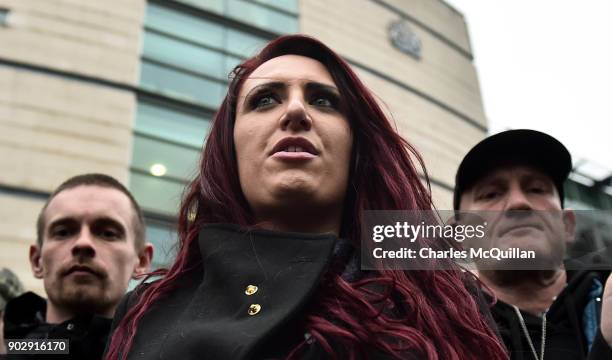 Britain First deputy leader Jayda Fransen addresses the media outside Belfast Laganside Magistrates court on January 9, 2018 in Belfast, Northern...