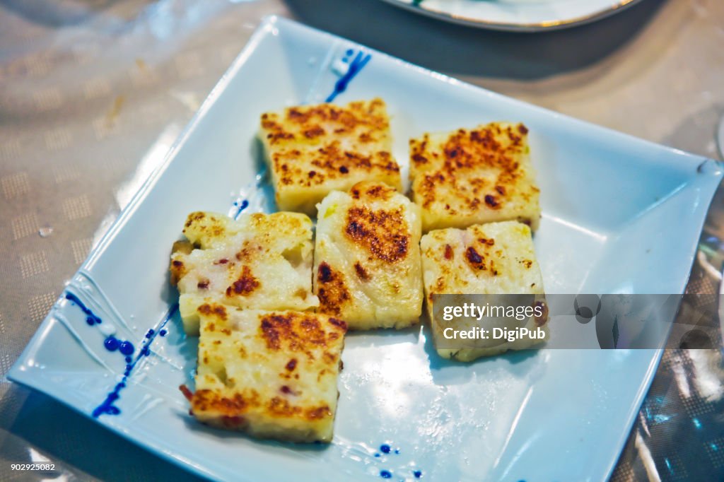 Radish Cake in Square Shaped Plate on Table