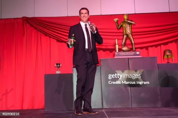 Actor and comedian Rob Riggle speaks at 'Matt Leinart and Rob Riggle Unveil Dos Equis' Most Interesting Fan of College Football' at College Football...