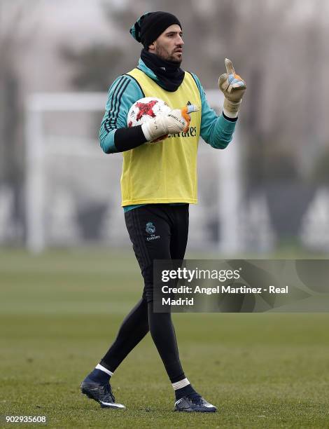 Kiko Casilla of Real Madrid gestures during a training session at Valdebebas training ground on January 9, 2018 in Madrid, Spain.