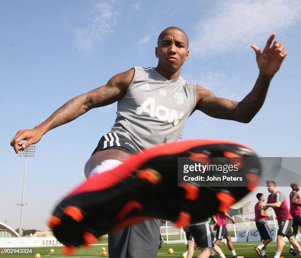 Ashley Young of Manchester United in action during a first team training session at Nad Sheba Sports Complex on January 9, 2018 in Dubai, United Arab...