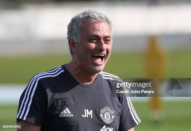 Manager Jose Mourinho of Manchester United in action during a first team training session at Nad Sheba Sports Complex on January 9, 2018 in Dubai,...