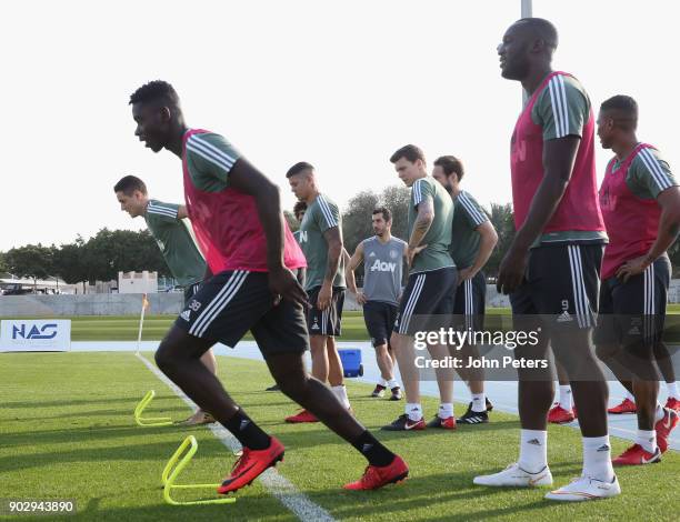 Axel Tuanzebe and Romelu Lukaku of Manchester United in action during a first team training session at Nad Sheba Sports Complex on January 9, 2018 in...