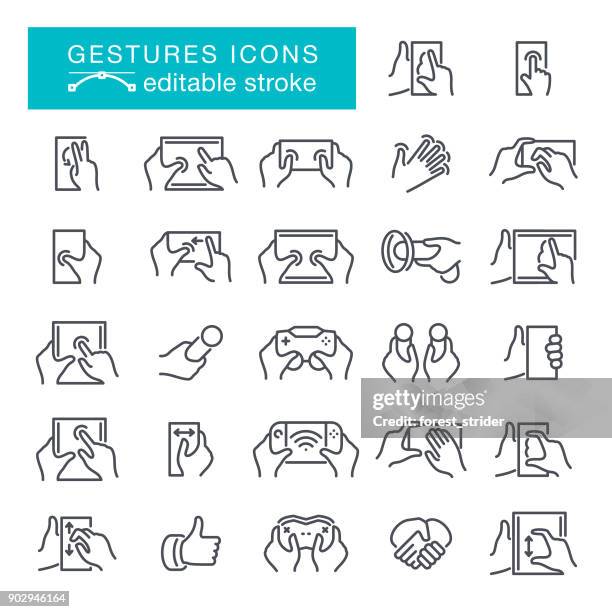 illustrazioni stock, clip art, cartoni animati e icone di tendenza di gesti delle mani icone dei tratti modificabili - joypad