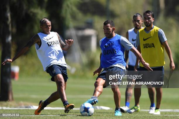 Argentine footballer Carlos Tevez takes part in a training session at Los Cardales, Buenos Aires province, on January 9, 2018. Former Manchester...