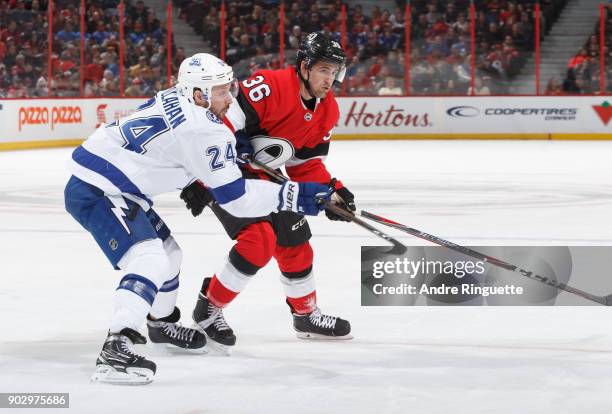 Colin White of the Ottawa Senators skates against Ryan Callahan of the Tampa Bay Lightning at Canadian Tire Centre on January 6, 2018 in Ottawa,...