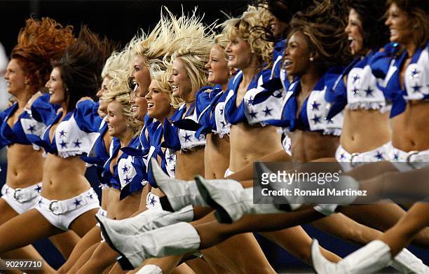 The Dallas Cowboys cheerleaders perform at Cowboys Stadium on August 29, 2009 in Arlington, Texas.