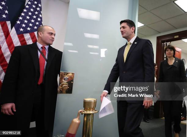 House Speaker Paul Ryan walks up to speak to the media about the GOP agenda after a meeting with House Republicans on Capitol Hill, on January 9,...