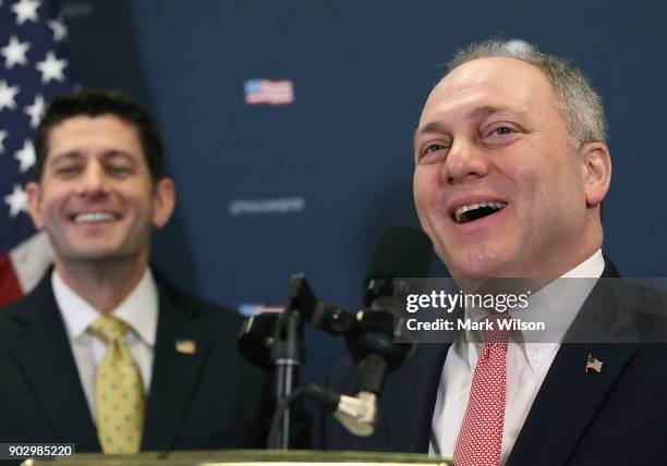 House Majority Whip Steve Scalise and House Speaker Paul Ryan speak to the media about the GOP agenda after a meeting with House Republicans on...