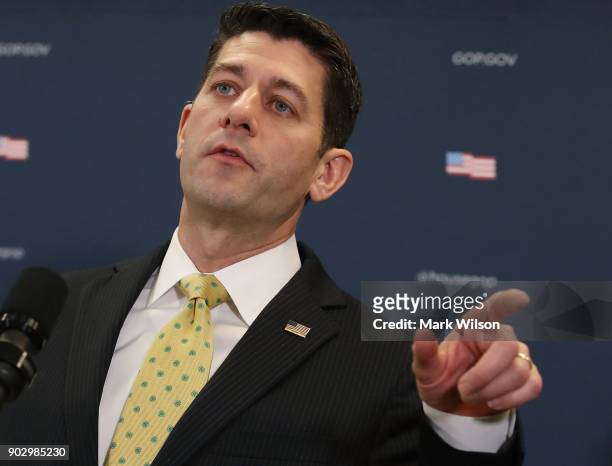House Speaker Paul Ryan speaks to the media about the GOP agenda after a meeting with House Republicans on Capitol Hill, on January 9, 2018 in...