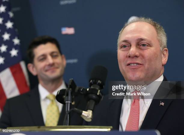 House Majority Whip Steve Scalise and House Speaker Paul Ryan speak to the media about the GOP agenda after a meeting with House Republicans on...