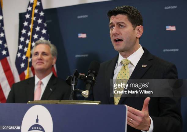 House Speaker Paul Ryan , is flanked by House Majority Leader Kevin McCarthy , speaks to the media about the GOP agenda after a meeting with House...