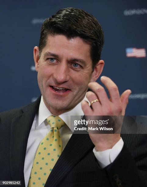 House Speaker Paul Ryan speaks to the media about the GOP agenda after a meeting with House Republicans on Capitol Hill, on January 9, 2018 in...
