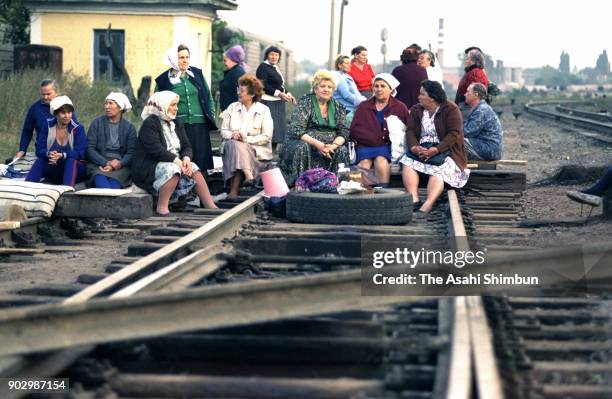 Women opposing to Moldova's independence from the Soviet Union stage a sit in to shut down the railway leading to the capital on September 13, 1991...