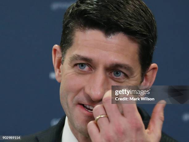 House Speaker Paul Ryan speaks to the media about the GOP agenda after a meeting with House Republicans on Capitol Hill, on January 9, 2018 in...