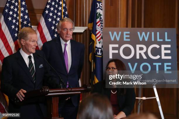 Sen. Bill Nelson is flanked by Ed Markey and Tammy Duckworth while speaking about a Congressional Review Act resolution that would undo action by the...