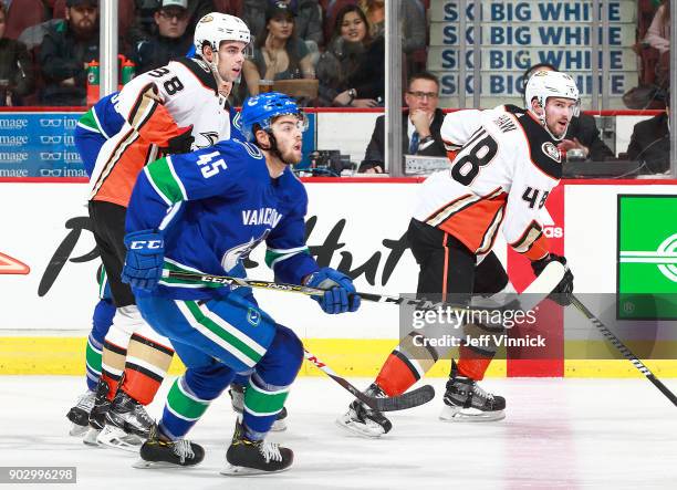 Michael Chaput of the Vancouver Canucks skates up ice during their NHL game against the Anaheim Ducks at Rogers Arena January 2, 2018 in Vancouver,...