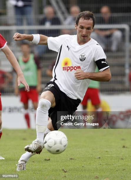 Roberto Pinto of Sandhausen plays the ball during the 3. Liga match between SV Sandhausen and VfB Stuttgart II at the Hardtwaldstadion on August 29,...