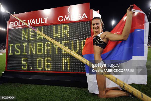 This file picture dated August 28, 2009 shows Yelena Isinbayeva of Russia celebrating her new World Record in Pole Vault at the Zurich IAAF Golden...