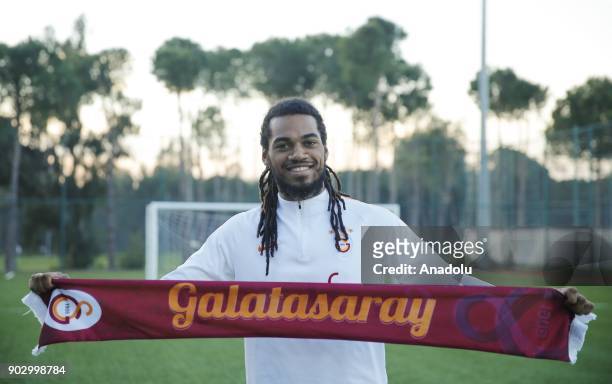 Jason Denayer of Galatasaray poses for a photo during a training session ahead of the second half of Turkish Super Lig, at Belek Tourism Center in...
