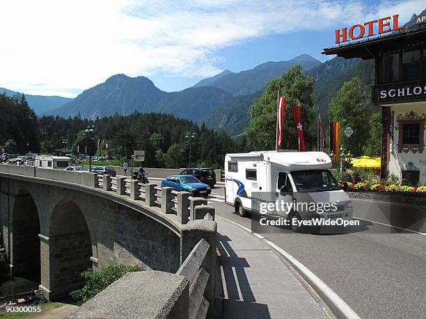 Motor home and cars on the mountain pass which is very busy and dangerous in holiday season. On August 1, 2009 in Nassereith near Innsbruck, Austria.