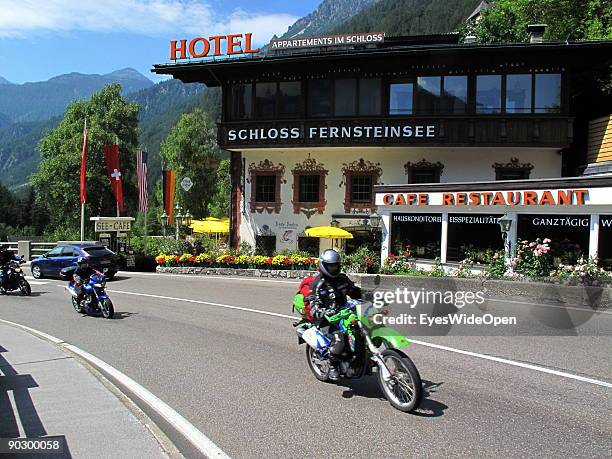 Motorbike rider on the mountain Fernpass which is very busy and dangerous in holiday season. On August 1, 2009 in Nassereith near Innsbruck, Austria.