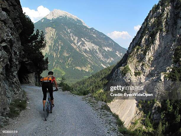 Female Mountainbiker on a tour through the valley of Tegestal to the mountain hut Tarrenton Alm. On August 1, 2009 in Nassereith near Innsbruck,...