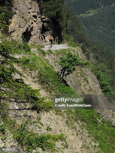 Female Mountainbiker on a tour through the valley of Tegestal to the mountain hut Tarrenton Alm. On August 1, 2009 in Nassereith near Innsbruck,...